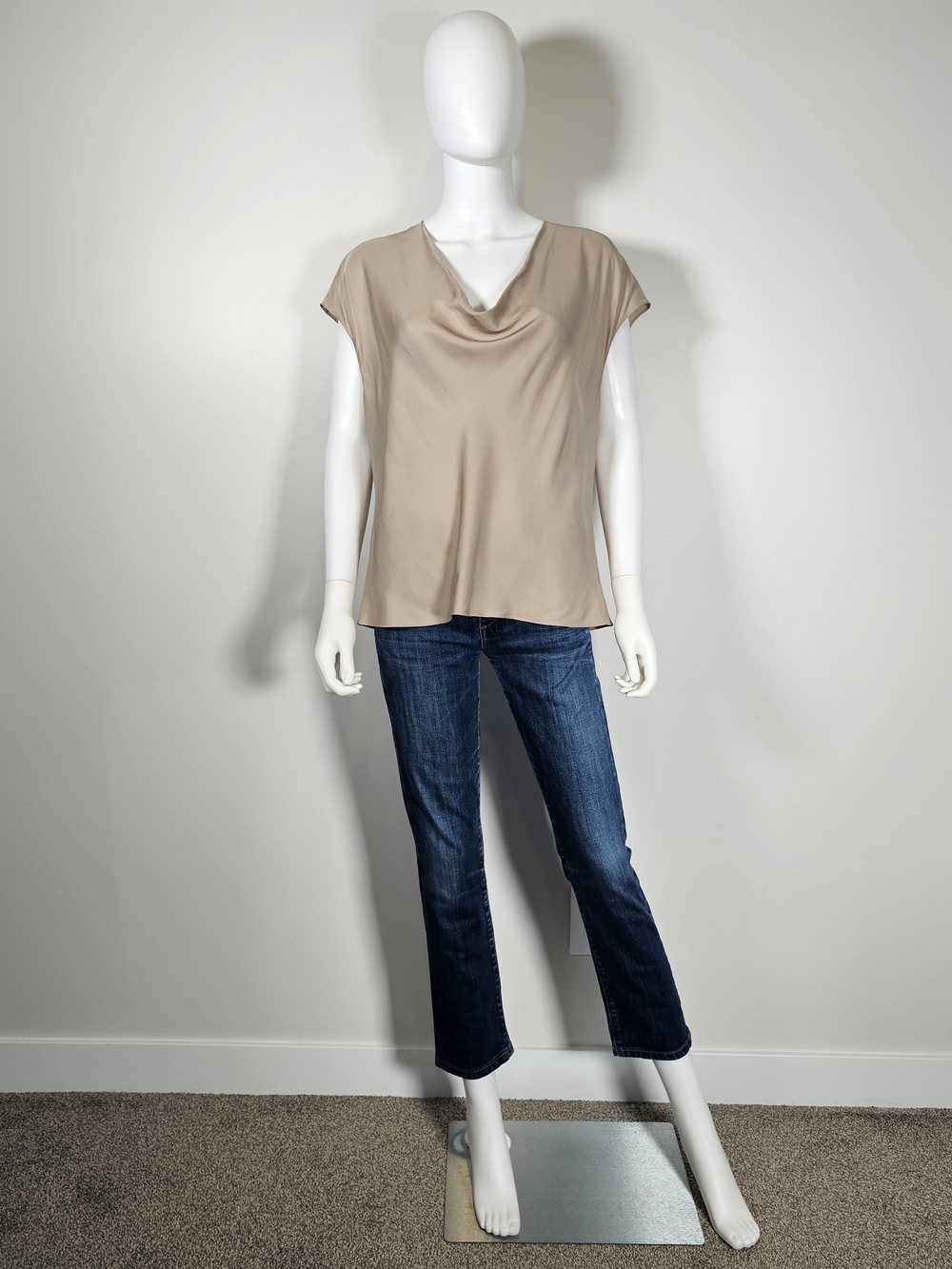 Vince Light Brown Tan Cream Draped Short-Sleeve Silk Blend Blouse Sz M